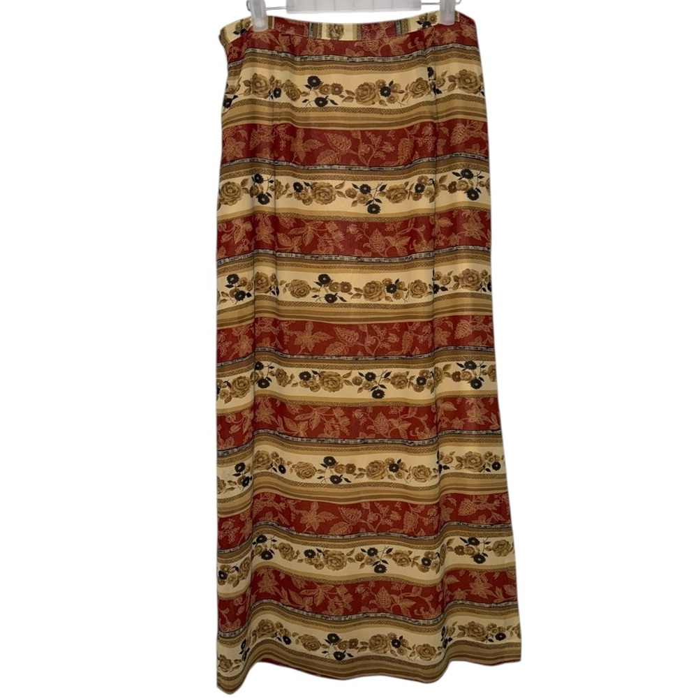 Vintage Boho Dark Academia Striped Floral Print Maxi Skirt w Slit